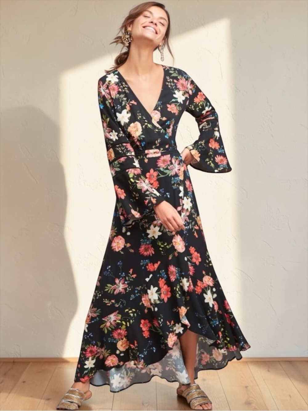 Farm Rio Long Sleeve Summer Flower Wrap High-Low Maxi Dress Anthropologie